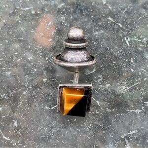 VTG Taxco Mexican Sterling Silver Square Tiger's Eye & Onyx Tie Tack Lapel Pin